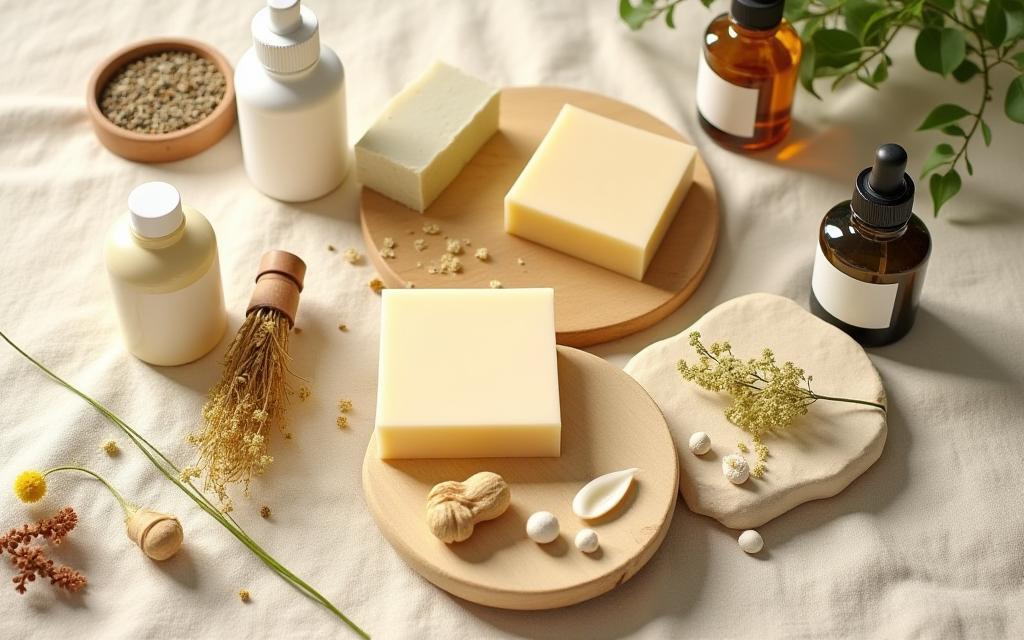 Handmade soaps and natural ingredients arranged beautifully