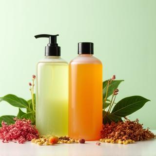 Natural shampoo and conditioner bottles with herbs